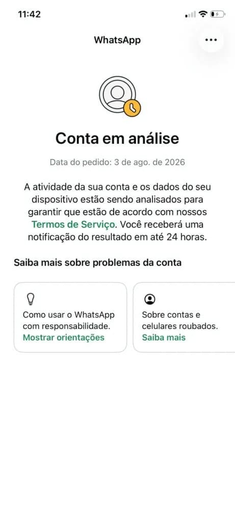 Tela do WhatsApp mostrando conta em análise