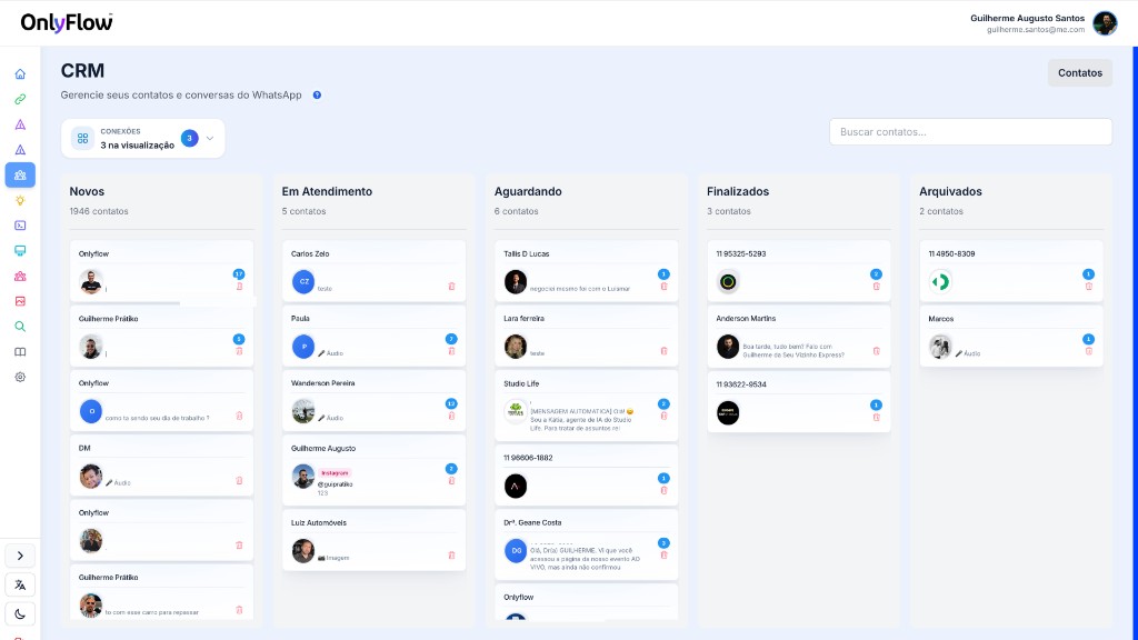 Tela do CRM OnlyFlow: quadro Kanban com colunas de leads, WhatsApp e Instagram, busca e múltiplas conexões.